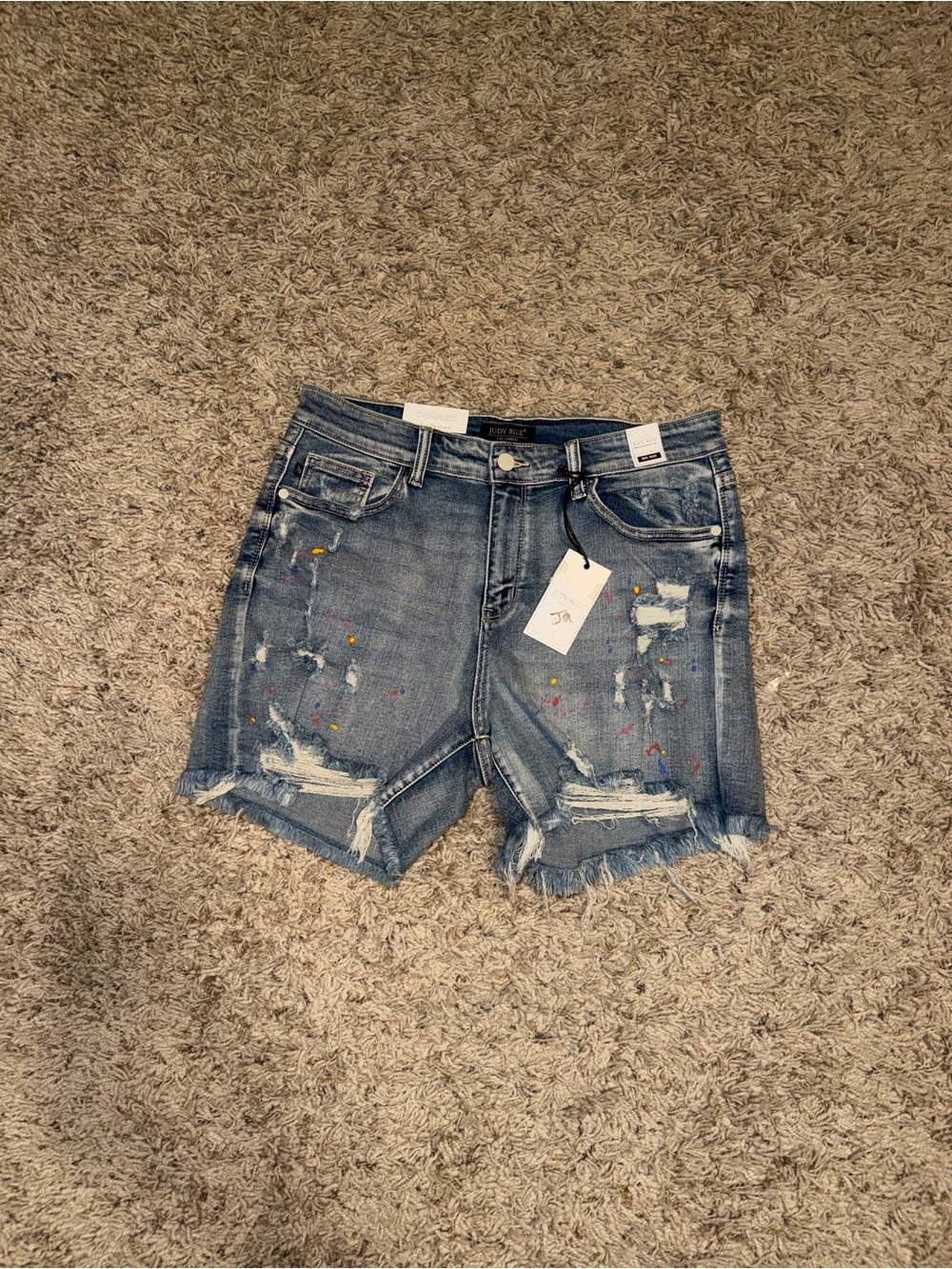 High-Rise Distressed Paint-Splatter Denim Shorts - Judy blue stretchy size large